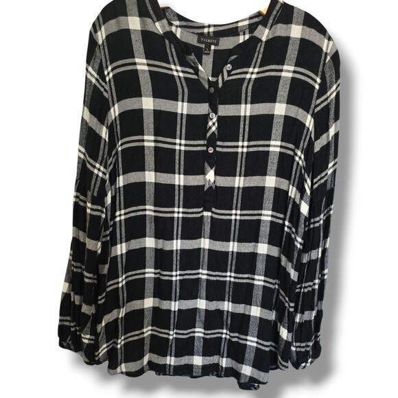 Talbots Women’s Black Plaid 3/4 Button Front Shirt Large - Picture 1 of 7